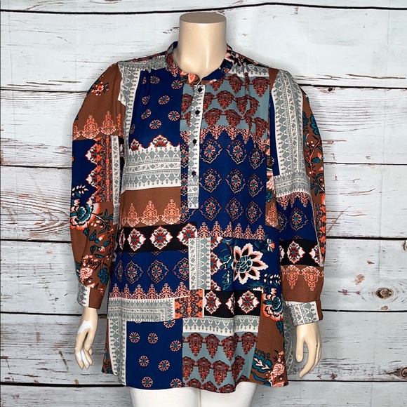 Tolani Tops - Tolani Collection Size XL Patchwork Print Henley Tunic Blouse Top